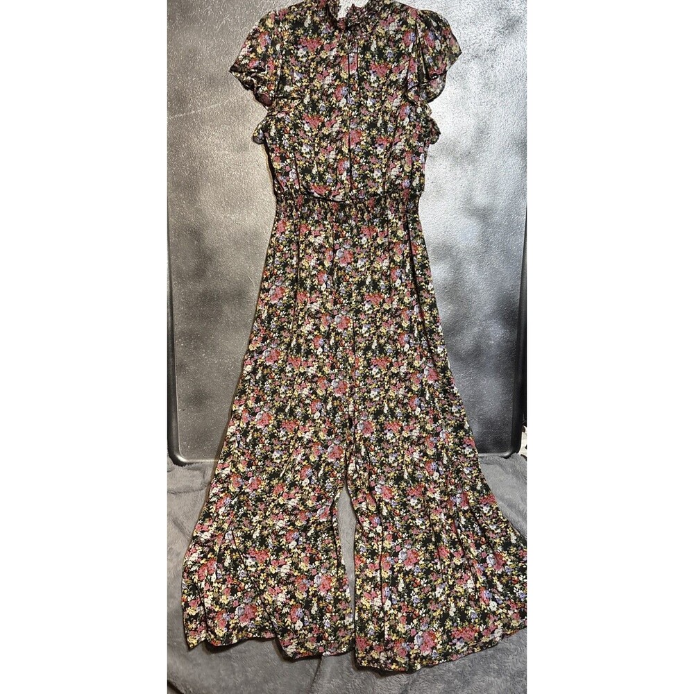 MSK Women's Floral Smocked High Neck Flutter Sleeve Jumpsuit Small Wideleg
